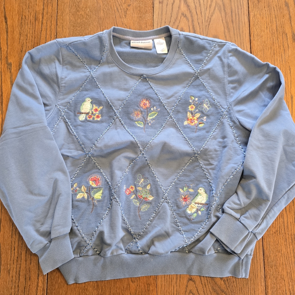 90s Alfred Dunner Petite Blue Floral Bird Embroided Crewneck Sweatshirt PL